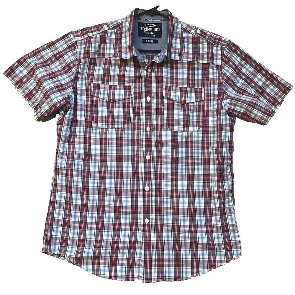 Ecko Unltd. Shirt Mens Large Red & Navy Blue Plaid Button Up Short Sleeve